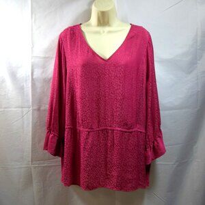 EVRI Womens Peplum Top Blouse Plus Size 1X V-Neck 3/4 Sleeve Animal Print Pink